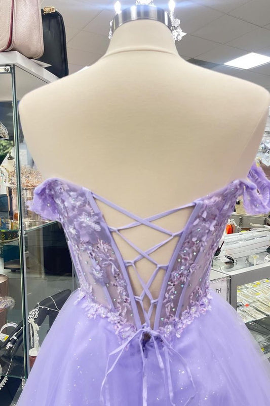 Off Shoulder Lavender Appliques Homecoming Dress Tulle Short Party Dress fg5925