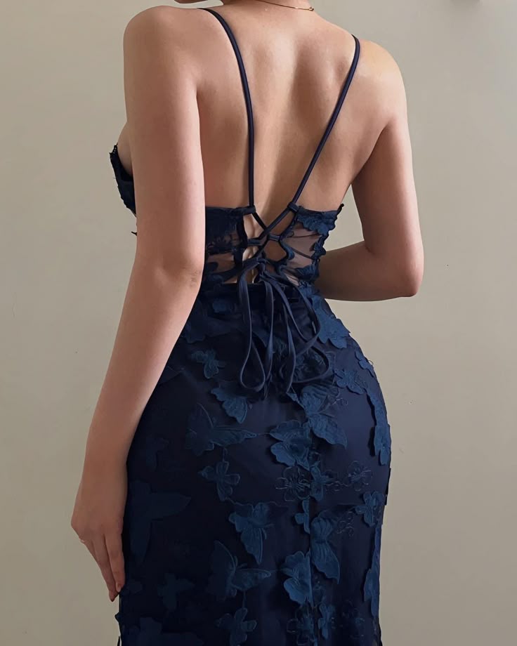 Vintage Mermaid Straps Birthday Party Dresses Navy Blue Lace Prom Dresses S7147