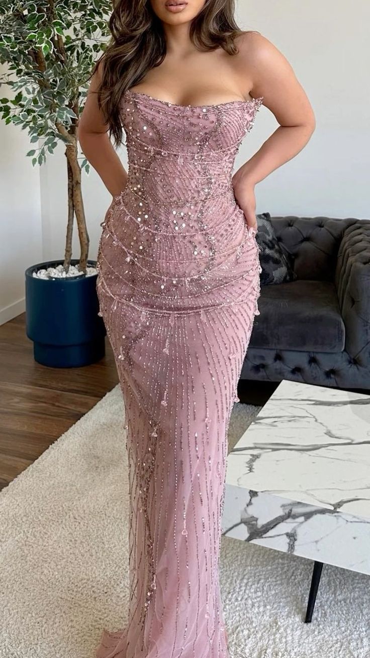 Classy Mermaid Strapless Tulle Pink Long Evening Dress Prom Dresses With Beads S7045