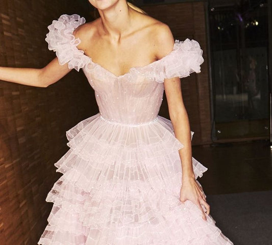 Princess A-Line Off the Shoulder Pink Tulle Prom Evening Dresses S7112