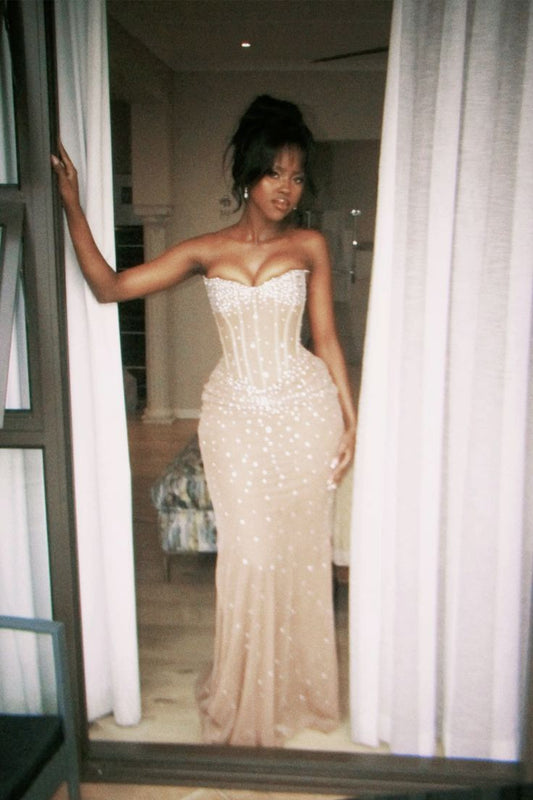Champagne Strapless Mermaid Prom Dresses Formal Evening Dress fg7596