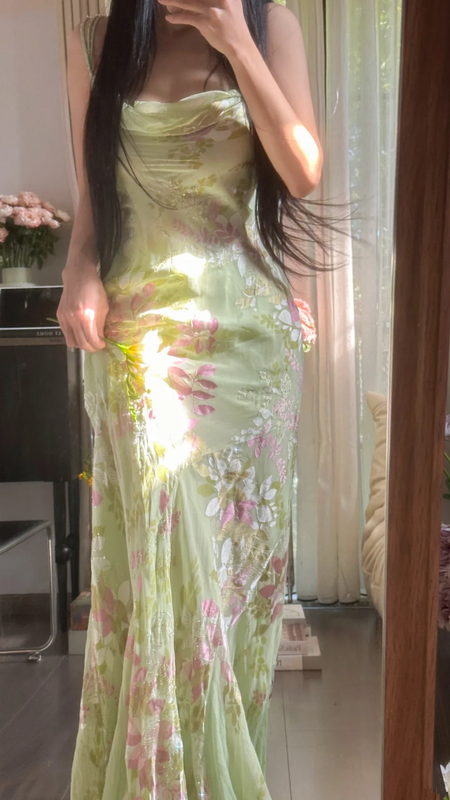 Light green, fresh and elegant halter-neck, fitted, bodycon long ball gown R7753