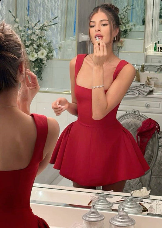 A line red square neck dress sexy party dress Homecoming Dress fg6136