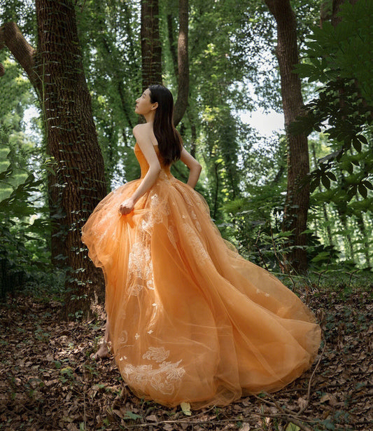ORANGE TULLE LACE HIGH LOW PROM DRESS EVENING DRESS fg5549
