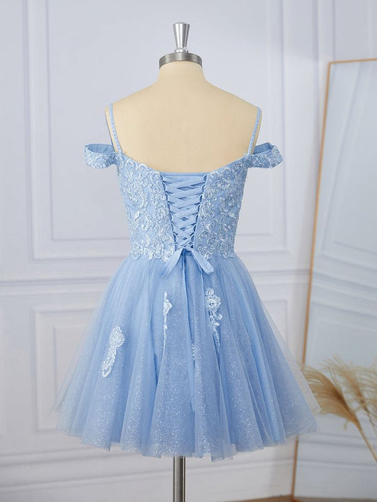 A-line Tulle Off-the-Shoulder Appliques Lace Short/Mini Dress fg5501