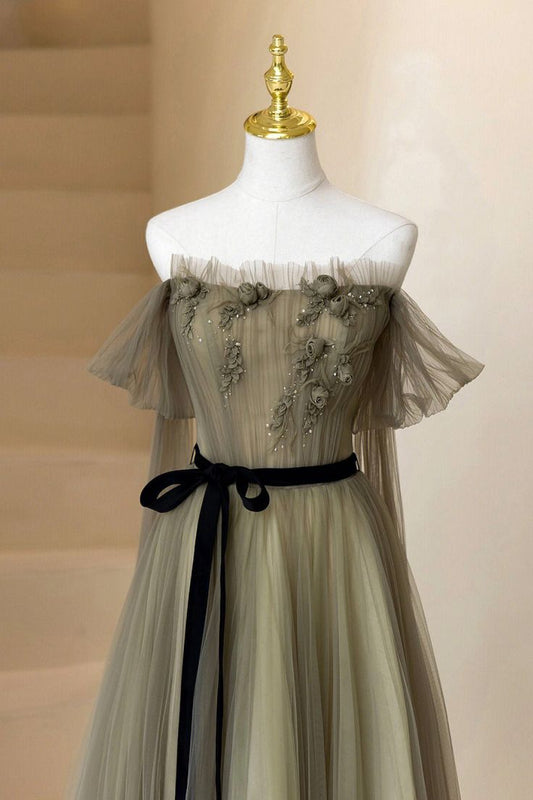 A-Line Tulle Long Prom Dress, Off the Shoulder Formal Evening Dress S5343