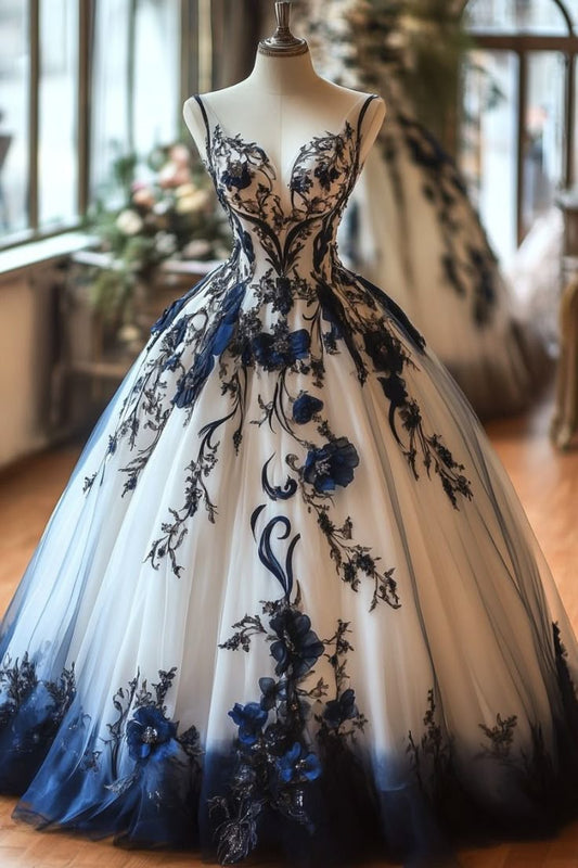 Vintage A-line tulle appliques ball gown long prom dress, formal evening dress S7142