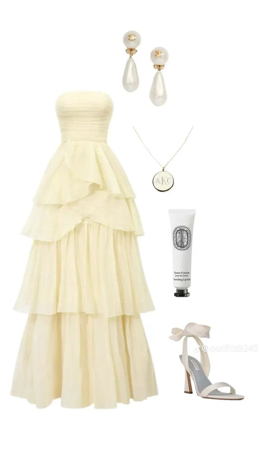 A Line Strapless Pale Yellow Long Party Dress Evening Dress Prom Dresses fg7834