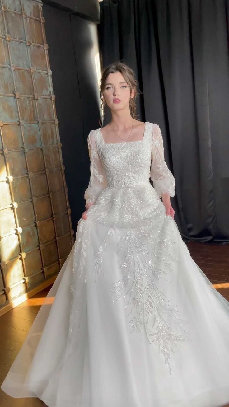 A Line White Square Neck Long Princess Wedding Dress fg8167