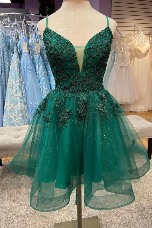 Plunging V Neck Straps Appliques Tulle Homecoming Dress fg5388