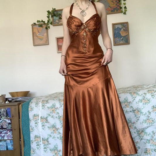Halter A Line Satin Long Prom Dress Vintage Formal Party Dress fg5843