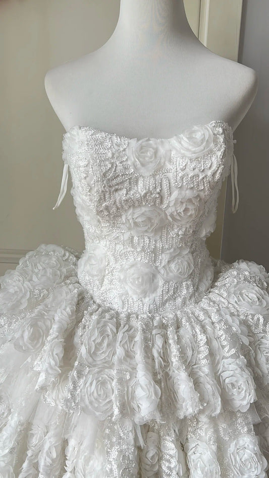 Elegant Homecoming Dress Strapless Flower Cascade Back to School Outfits Party Dress D6471