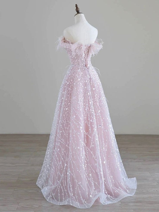 Sparkling Tulle Sequin Long Prom Dress, Off the Shoulder Evening Party Dress fg5438