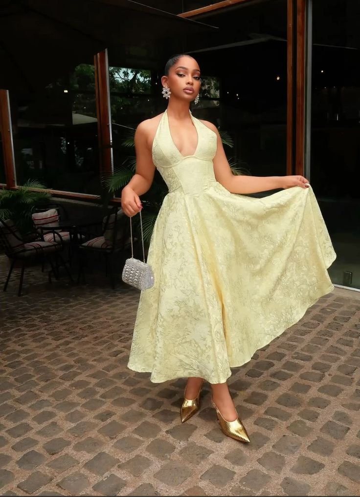 Yellow Halter Formal Dress Party Dress Long Evening Dress Prom Dresses fg7820
