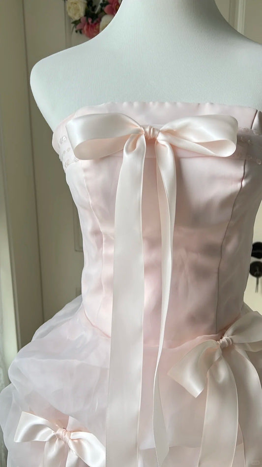 Sweet Homecoming Dress Strapless Tulle Bowknot Back to School Outfits Party Dress D6461