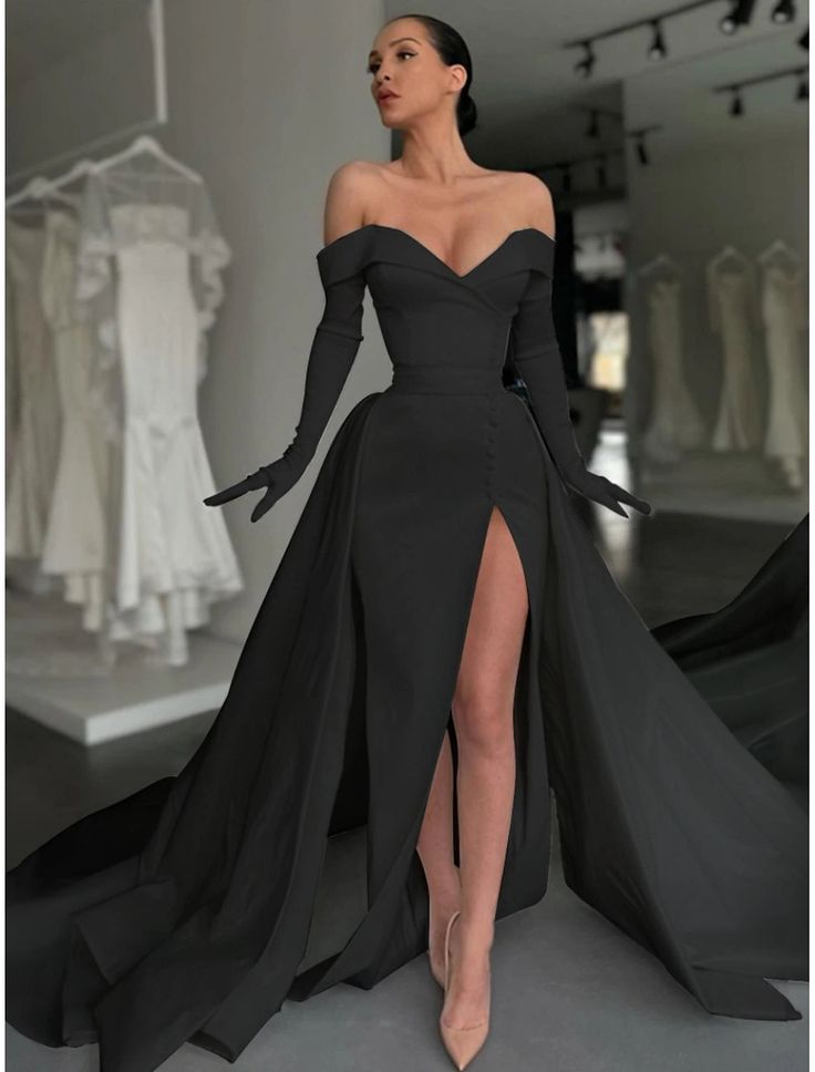 A-Line Evening Gown Elegant Dress Formal Court Train Long Sleeve Off Shoulder Satin with Buttons Pleats Slit dress S7018