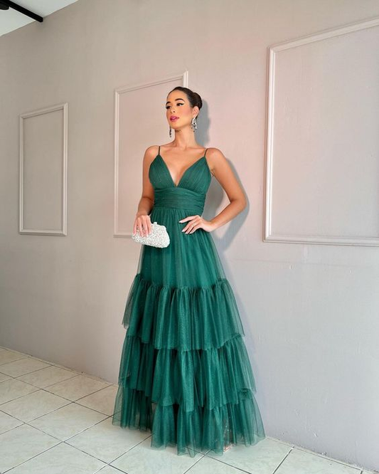 Elegant A-line V Neck Tulle Tiered Prom Dress,Formal Graduation Dresses Y5590