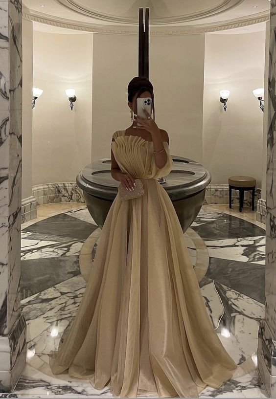 Elegant One Shoulder A-line Champagne Long Evening Prom Dress for Women fg6192