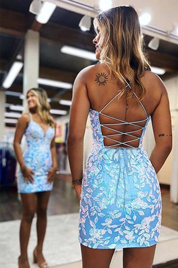 Bodycon Spaghetti Straps Party Dress Homecoming Dresses With Aqqliques fg6172