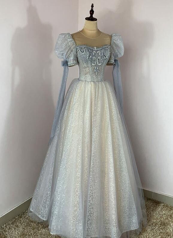 Tulle Beaded Shiny Tulle Prom Dresses, A-Line Long Party Dresses fg6751