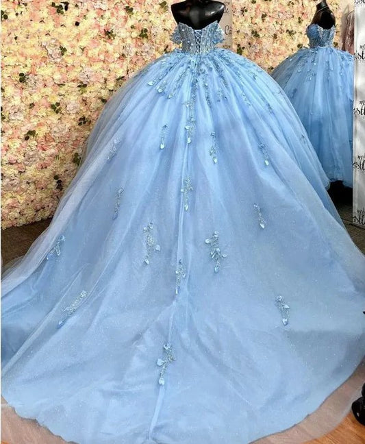 Sparkly Sky Blue Quinceanera Dress Ball Gown Appliques Beading Sequins Sweet 15 16 Dress