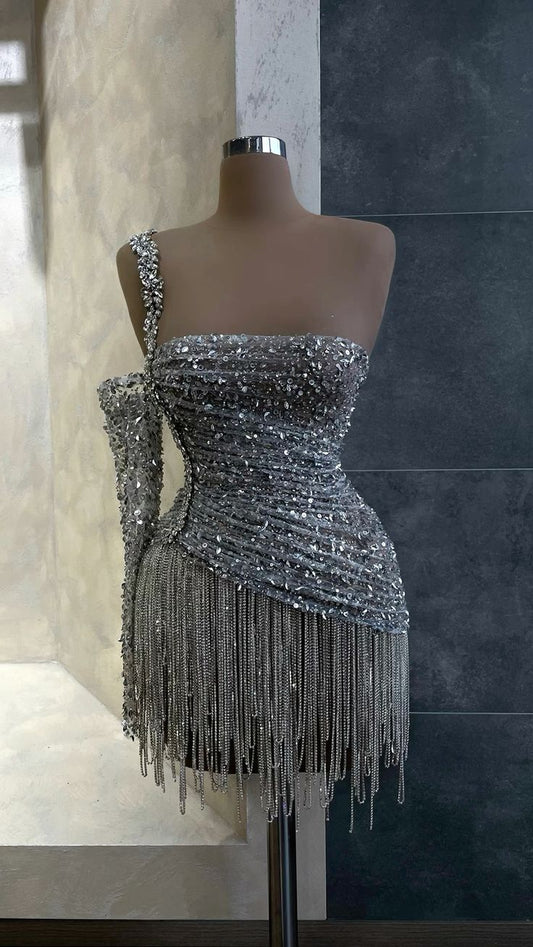 Silver Beaded Cocktail Dress With Long Tassel Fringes One Sleeve Crystal Sequin Sparkly Short Homecoming Wear fg6592