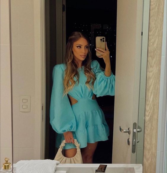 Fashion Long Sleeves Dress Short Prom Party Gown