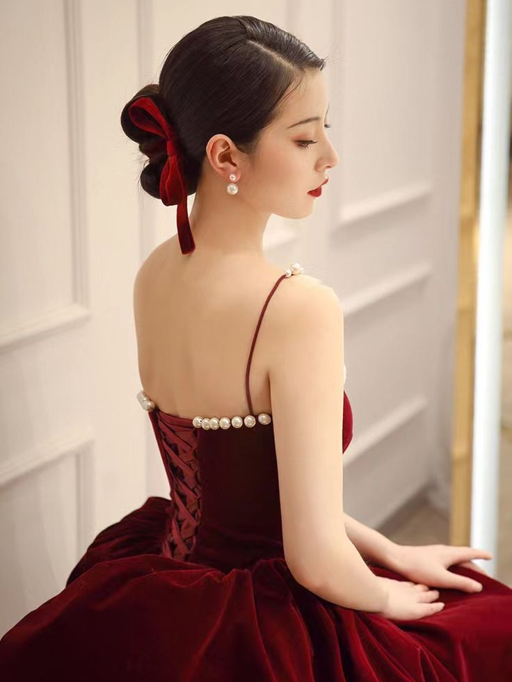 Spaghetti strap evening dress,red party dress,velvet prom dress fg6232