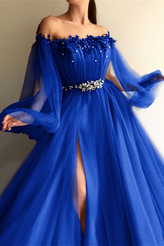 Chic Off-the-Shoulder Long Sleeves Elegant Evening Dresses With Beads fg6223