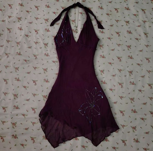 Dark Purple Halter Short Vintage Evening Dress Cocktail Dress fg6538