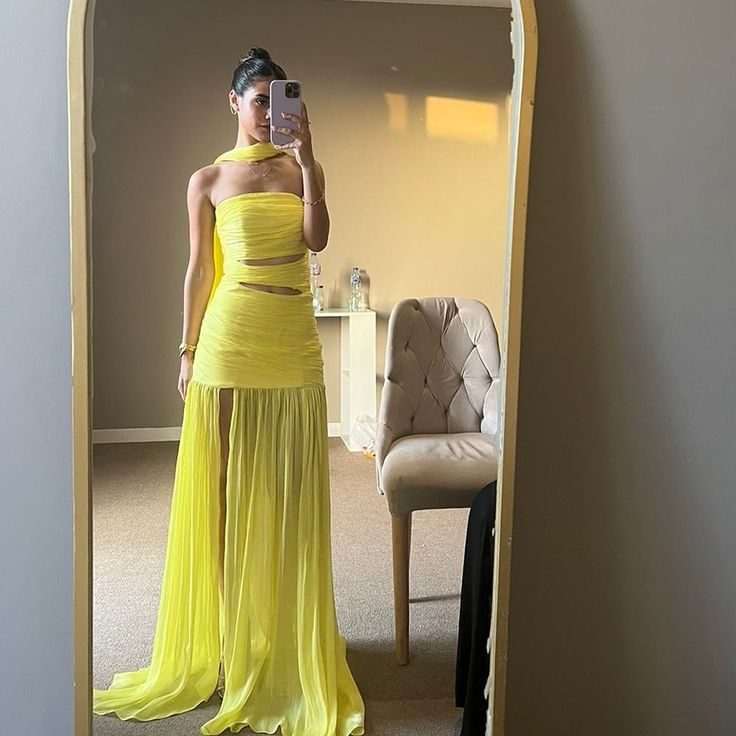 Strapless Yellow A Line Long Prom Dress Formal Party Gown