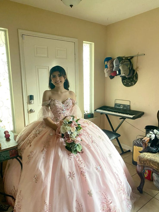 Pink Ball Gown Quinceanera Dress Applique Off the Shoulder Sweet 16 Vestidos