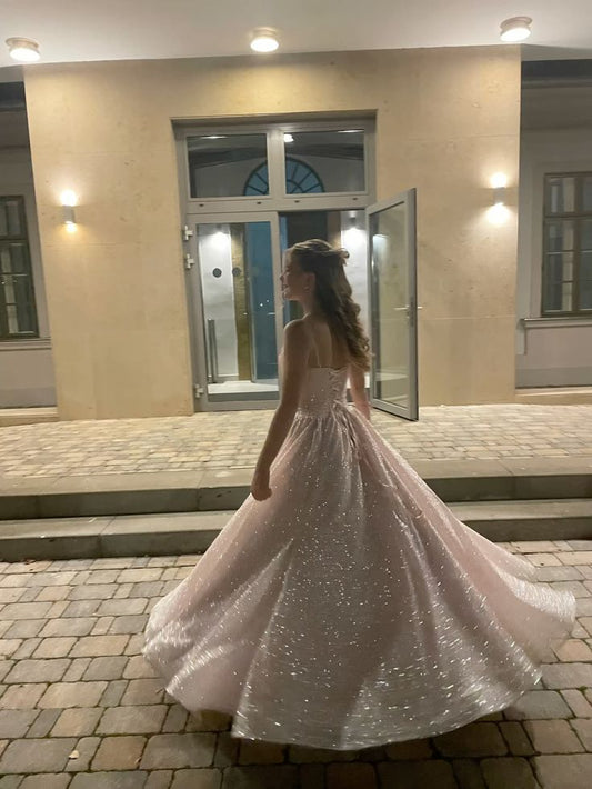 A Line Pink Spaghetti Straps Shinny Long Formal Dress Evening Party Dresses fg7759