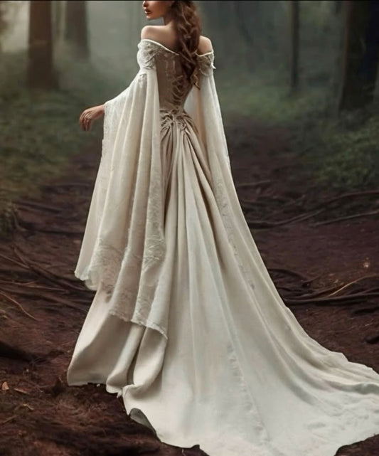 Vintage Off The Shoulder Wedding Dress with Cape Lace Up Lace Applique Bridal Dress fg7469