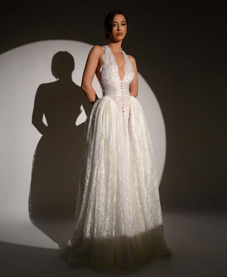 A Line V Neck Lace Wedding Dress Princess Bridal Gown S6975