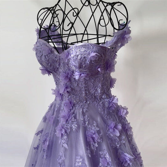 Lilac Sweetheart 3D Flowers Lace Applique Prom Dresses,Tulle Evening Dress fg3153