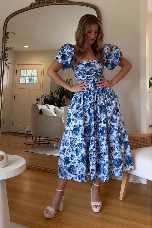 A Line Puff Sleeves Blue Floral Midi Evening Dress Prom Dress S7044