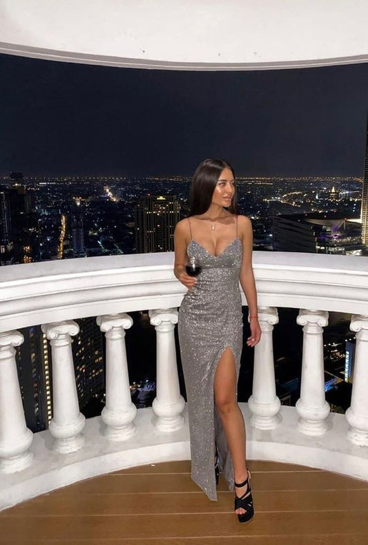 Spaghetti Straps Mermaid Sleeveless Prom Dress With Split Luxury Evening Dress S5367