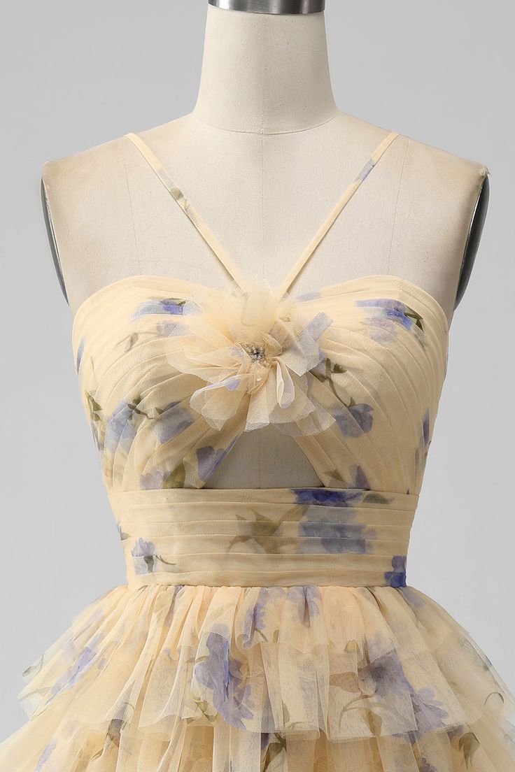 Yellow Print Keyhole Ruffle Tiered Short Homecoming Dress fg5965
