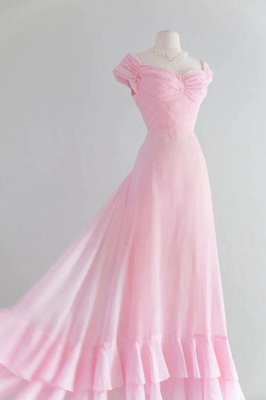 Retro Pink A-line Long Prom Dress,Pink Bridesmaid Dress fg5991