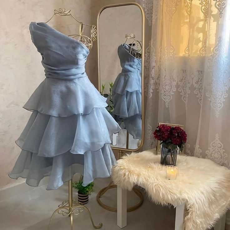 Blue one-shoulder slim-waist chiffon short skirt homecoming dress R5457