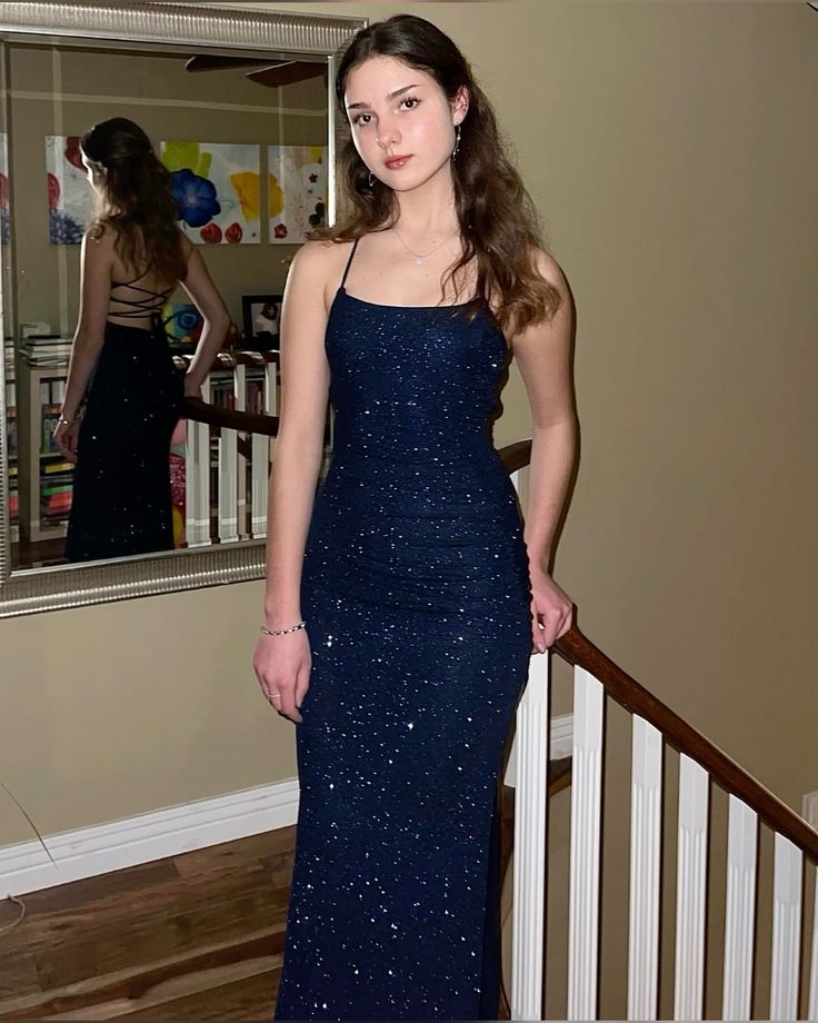 Formal Navy Blue Sequins Mermaid Long Evening Prom Dresses, Custom Spaghetti Straps Prom Dress fg5598