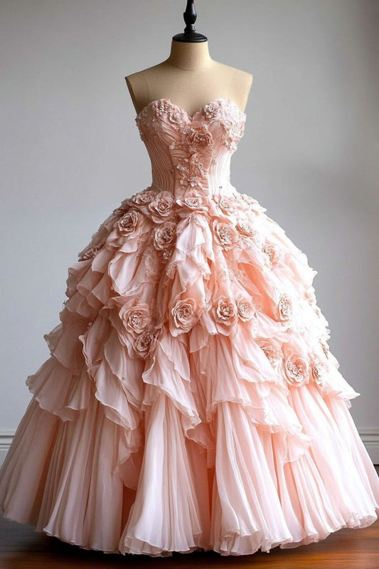 A Line Blush Pink Quinceanera Strapless Sweet 16 3D Flowers Party Ball Gown S7232