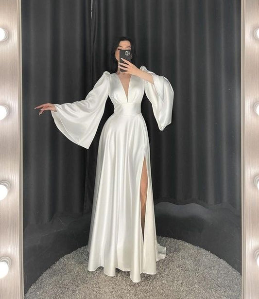 Satin Flare Long Sleeve Wedding Dresses Side Split Deep V Neck Bride Dress fg5590