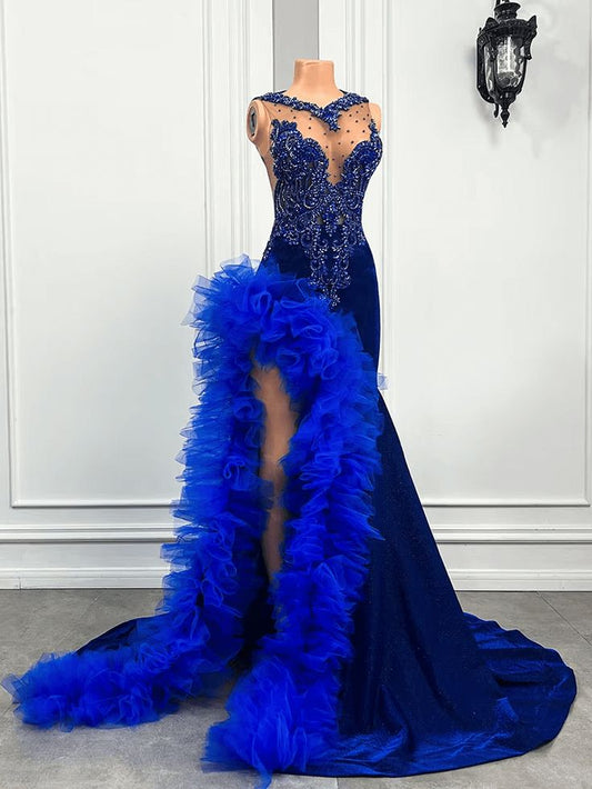 Royal Blue Mermaid Prom Dress Ruffled Evening Dresses with Slit fg7640
