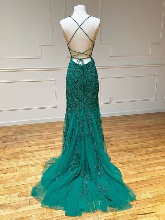 Mermaid Backless Green Lace Long Prom, Mermaid Green Formal, Green Lace Evening Dress fg5833