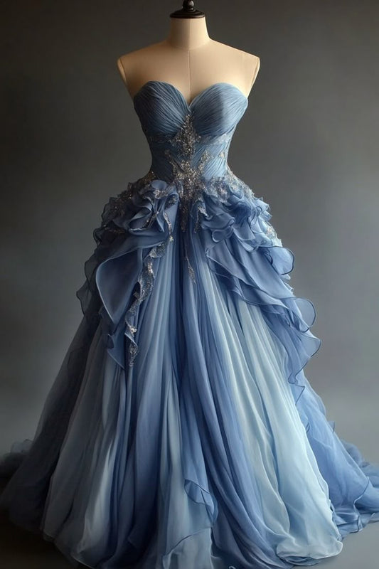 Blue Bridal Party Dress Long Tulle Evening Dress S7133