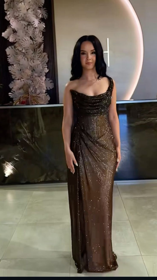 Glitty Asymmetrical Ruched Slit Long Sequin Dress S6955