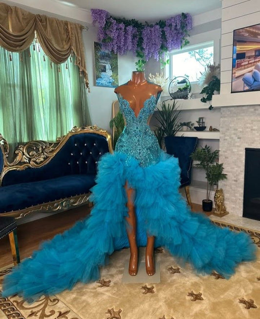 Custom made ruffle mermaid prom dress luxury beaded rhinestone birthday party evening gowns long black girls dresses S7255