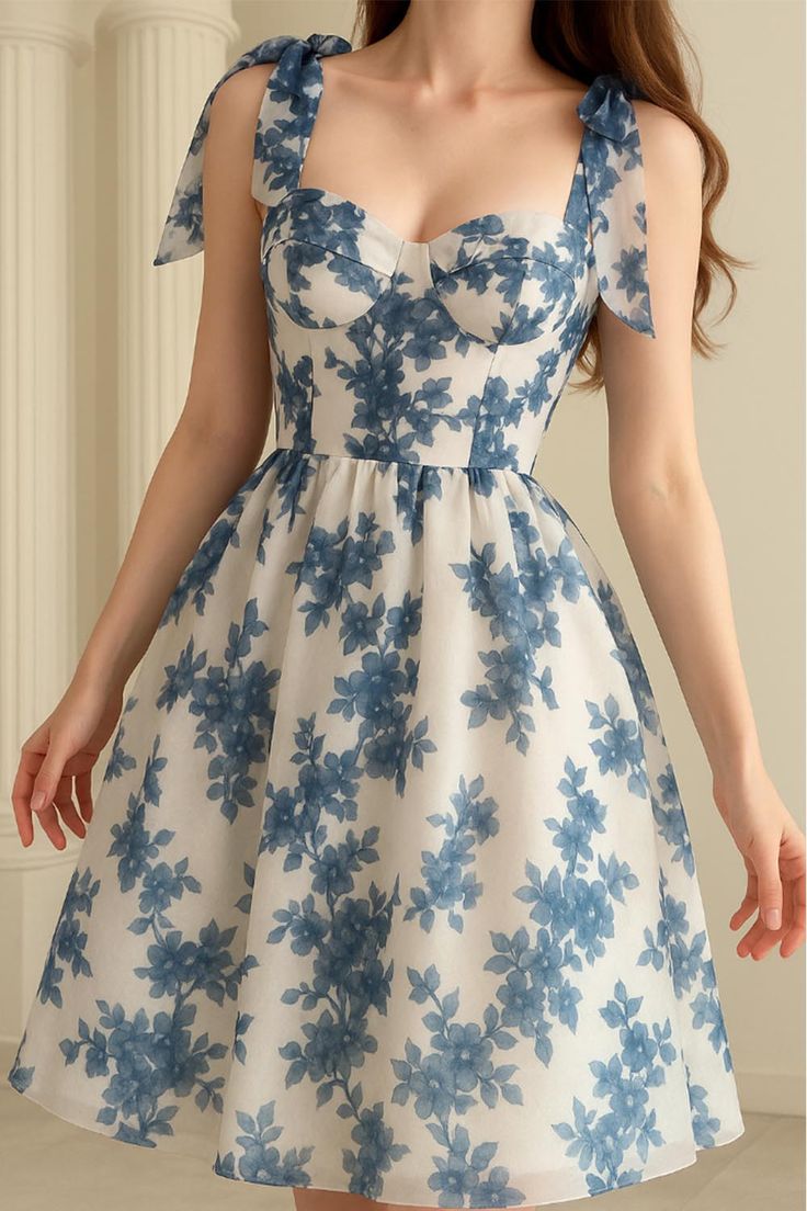White background blue print waist strap slim A-line short skirt homecoming dress R3203